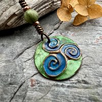 Triskele Pendant, Triskelion, Triple Spiral, Copper Patina, Irish Celtic Jewelry, Czech Glass Bead, Pagan Wicca, Triple Goddess Charm
