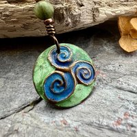 Triskele Pendant, Triskelion, Triple Spiral, Copper Patina, Irish Celtic Jewelry, Czech Glass Bead, Pagan Wicca, Triple Goddess Charm
