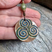 Triskele Copper Pendant, Verdigris Patina, Connemara Marble, Triskelion Triple Spiral, Irish Celtic Pagan, Newgrange Ireland, Celtic Witch
