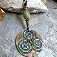 Triskele Copper Pendant, Verdigris Patina, Connemara Marble, Triskelion Triple Spiral, Irish Celtic Pagan, Newgrange Ireland, Celtic Witch