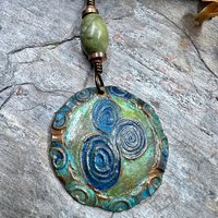 Newgrange Spirals, Copper Pendant, Connemara Marble, Triple Spiral, Irish Celtic Jewelry, Verdigris Patina, Blue Green Copper, Pagan Witch