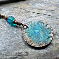 Celtic Spirals Pendant, Copper Patina, Irish Celtic, Pagan Wicca, Czech Glass, Witchy Earthy, Hand Carved, One of a Kind Art Jewelry