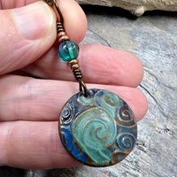 Celtic Spirals Pendant, Copper Patina, Irish Celtic, Pagan Wicca, Czech Glass, Witchy Earthy, Hand Carved, One of a Kind Art Jewelry