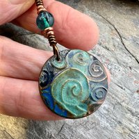 Celtic Spirals Pendant, Copper Patina, Irish Celtic, Pagan Wicca, Czech Glass, Witchy Earthy, Hand Carved, One of a Kind Art Jewelry