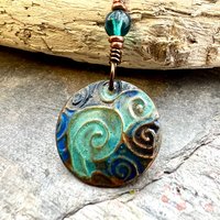 Celtic Spirals Pendant, Copper Patina, Irish Celtic, Pagan Wicca, Czech Glass, Witchy Earthy, Hand Carved, One of a Kind Art Jewelry