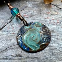 Celtic Spirals Pendant, Copper Patina, Irish Celtic, Pagan Wicca, Czech Glass, Witchy Earthy, Hand Carved, One of a Kind Art Jewelry