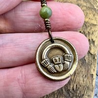 Bronze Claddagh Charm, Wax Seal Charm, Connemara Marble, Irish Celtic Jewelry, Pagan, 8th Anniversary, Love, Friendship, Loyalty, Handmade