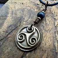 Triskele Charm, Bronze Necklace, Wax Seal Charm, Kilkenny Black, Irish Celtic Pagan, 8th Anniversary, Celtic Witch, Triskelion Triple Spiral