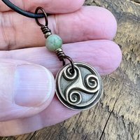 Triskele Charm, Bronze Necklace, Wax Seal Charm, Connemara Marble, Irish Celtic Pagan, 8 Anniversary, Celtic Witch, Triskelion Triple Spiral
