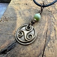 Triskele Charm, Bronze Necklace, Wax Seal Charm, Connemara Marble, Irish Celtic Pagan, 8 Anniversary, Celtic Witch, Triskelion Triple Spiral