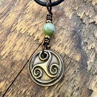 Triskele Charm, Bronze Necklace, Wax Seal Charm, Connemara Marble, Irish Celtic Pagan, 8 Anniversary, Celtic Witch, Triskelion Triple Spiral