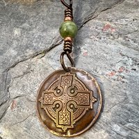 Copper Celtic Cross, Wax Seal Charm, Connemara Marble, Irish Celtic, Copper Cross Necklace, Leather & Vegan Cords, Handmade Art Jewelry
