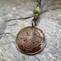 Copper Celtic Cross, Wax Seal Charm, Connemara Marble, Irish Celtic, Copper Cross Necklace, Leather & Vegan Cords, Handmade Art Jewelry