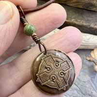 Copper Celtic Cross, Wax Seal Charm, Connemara Marble, Irish Celtic, Copper Cross Necklace, Leather & Vegan Cords, Handmade Art Jewelry