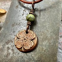 Four Leaf Heart Clover, Copper Wax Seal Charm, Connemara Marble, Irish Celtic Jewelry, 4 Leaf Clover, Lucky Charm, Leather & Vegan Cords