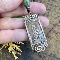 Pine Tree, Copper Pendant, Celtic Spirals, Connemara Marble, Evergreen Trees, Earthy Rustic Art Jewelry, Hand Carved, Tree of Life, Pagan