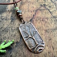 Copper Tree Pendant, Irish Celtic Spirals, One Tree, Czech Glass Beads, Leather & Vegan Cords, Earthy Rustic Jewelry, Tree Branches Roots