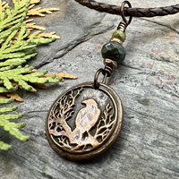 Raven Copper Pendant, Wax Seal Charm, Czech Glass Beads, Crow Corvid, Tree Branches, Pagan Samhain, Celtic Witch Jewelry, Earthy Rustic