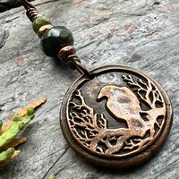 Raven Copper Pendant, Wax Seal Charm, Czech Glass Beads, Crow Corvid, Tree Branches, Pagan Samhain, Celtic Witch Jewelry, Earthy Rustic