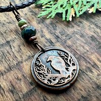 Raven Copper Pendant, Wax Seal Charm, Czech Glass Beads, Crow Corvid, Tree Branches, Pagan Samhain, Celtic Witch Jewelry, Earthy Rustic