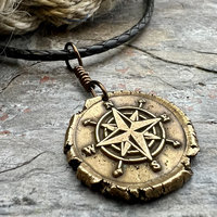 Compass Rose Charm, Bronze Compass Necklace, Nautical, Boats Sailing Sea, Protection Guidance Talisman, Men's Unisex Jewelry, Rustic Seaworn