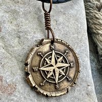 Compass Rose Charm, Bronze Compass Necklace, Nautical, Boats Sailing Sea, Protection Guidance Talisman, Men's Unisex Jewelry, Rustic Seaworn
