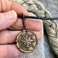 Compass Rose Charm, Bronze Compass Necklace, Nautical, Boats Sailing Sea, Protection Guidance Talisman, Men's Unisex Jewelry, Rustic Seaworn