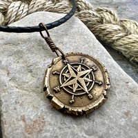 Compass Rose Charm, Bronze Compass Necklace, Nautical, Boats Sailing Sea, Protection Guidance Talisman, Men's Unisex Jewelry, Rustic Seaworn