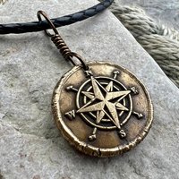 Compass Rose Charm, Bronze Compass Necklace, Nautical, Boats Sailing Sea, Protection Guidance Talisman, Men's Unisex Jewelry, Rustic Seaworn