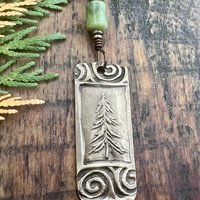Pine Tree, Bronze Pendant, Celtic Spirals, Connemara Marble, Evergreen Trees, Earthy Rustic Art Jewelry, Hand Carved, Tree of Life, Pagan