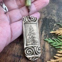 Pine Tree, Bronze Pendant, Celtic Spirals, Connemara Marble, Evergreen Trees, Earthy Rustic Art Jewelry, Hand Carved, Tree of Life, Pagan