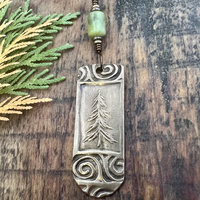 Pine Tree, Bronze Pendant, Celtic Spirals, Connemara Marble, Evergreen Trees, Earthy Rustic Art Jewelry, Hand Carved, Tree of Life, Pagan