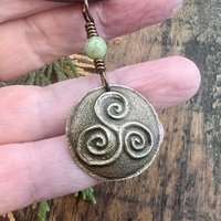 Triskele Bronze Charm, Triskelion Triple Spirals, Connemara Marble, Irish Celtic, Newgrange Spirals, Celtic Witch Goddess, Hand Carved Art