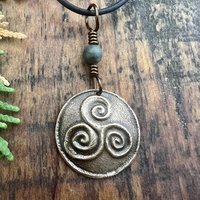 Triskele Bronze Charm, Triskelion Triple Spirals, Connemara Marble, Irish Celtic, Newgrange Spirals, Celtic Witch Goddess, Hand Carved Art