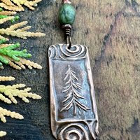 Pine Tree, Copper Pendant, Celtic Spirals, Connemara Marble, Evergreen Trees, Earthy Rustic Art Jewelry, Hand Carved, Tree of Life, Pagan