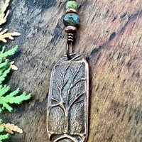 Copper Tree Pendant, Irish Celtic Spirals, One Tree, Czech Glass Beads, Leather & Vegan Cords, Earthy Rustic Jewelry, Tree Branches Roots