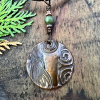 Copper Raven Pendant, Irish Celtic Jewelry, Connemara Marble, Crow Corvid, Pagan Wicca Necklace, Celtic Witch, Raven Moon, Celtic Spirals