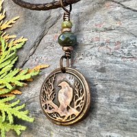 Raven Copper Pendant, Wax Seal Charm, Czech Glass Beads, Crow Corvid, Tree Branches, Pagan Samhain, Celtic Witch Jewelry, Earthy Rustic