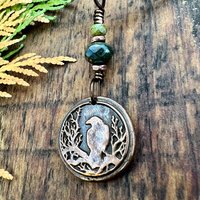 Raven Copper Pendant, Wax Seal Charm, Czech Glass Beads, Crow Corvid, Tree Branches, Pagan Samhain, Celtic Witch Jewelry, Earthy Rustic