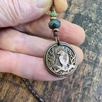 Raven Copper Pendant, Wax Seal Charm, Czech Glass Beads, Crow Corvid, Tree Branches, Pagan Samhain, Celtic Witch Jewelry, Earthy Rustic