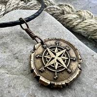 Compass Rose Charm, Bronze Compass Necklace, Nautical, Boats Sailing Sea, Protection Guidance Talisman, Men's Unisex Jewelry, Rustic Seaworn