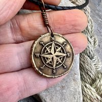 Compass Rose Charm, Bronze Compass Necklace, Nautical, Boats Sailing Sea, Protection Guidance Talisman, Men's Unisex Jewelry, Rustic Seaworn