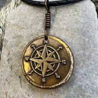 Compass Rose Charm, Bronze Compass Necklace, Nautical, Boats Sailing Sea, Protection Guidance Talisman, Men's Unisex Jewelry, Rustic Seaworn