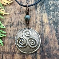 Triskele Bronze Charm, Triskelion Triple Spirals, Connemara Marble, Irish Celtic, Newgrange Spirals, Celtic Witch Goddess, Hand Carved Art