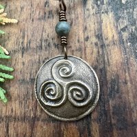 Triskele Bronze Charm, Triskelion Triple Spirals, Connemara Marble, Irish Celtic, Newgrange Spirals, Celtic Witch Goddess, Hand Carved Art