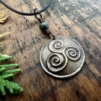 Triskele Bronze Charm, Triskelion Triple Spirals, Connemara Marble, Irish Celtic, Newgrange Spirals, Celtic Witch Goddess, Hand Carved Art