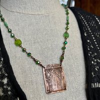 Into The Woods, Copper Tree Necklace, Green Crystal Beads, Rosary Style Beads, Celtic Green Witch, Forest Woodland Jewelry, Pagan Druid Gift