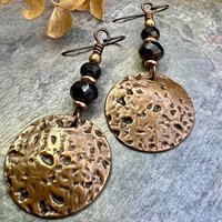 Copper Disc Earrings, Czech Glass Beads, Hypoallergenic Ear Wires, Earthy Tribal, Boho Chic Style, Large Dangle Discs, Handmade Metal Art