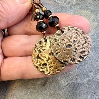 Copper Disc Earrings, Czech Glass Beads, Hypoallergenic Ear Wires, Earthy Tribal, Boho Chic Style, Large Dangle Discs, Handmade Metal Art