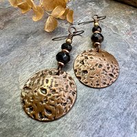 Copper Disc Earrings, Czech Glass Beads, Hypoallergenic Ear Wires, Earthy Tribal, Boho Chic Style, Large Dangle Discs, Handmade Metal Art